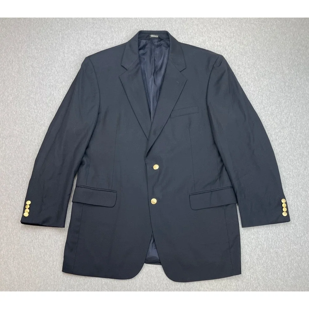 Jos A Bank Blazer Mens 43R Navy Blue 100% Wool 2-Button Gold Single Breast